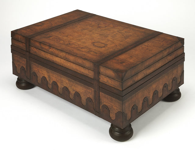 Vasco 36 in. W Rectangular Leather and Wood 1 Drawer Old World Map Trunk Table by Butler Specialty Company