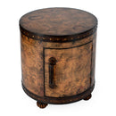Vasco 20 in. W Round Leather and Wood Old World Map Duffel Table  with 1 Door Closed Storage by Butler Specialty Company