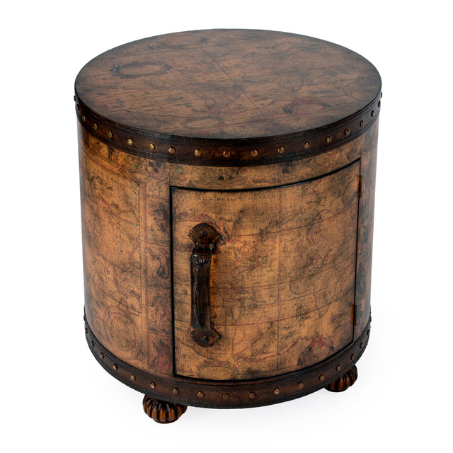 Vasco 20 in. W Round Leather and Wood Old World Map Duffel Table  with 1 Door Closed Storage by Butler Specialty Company