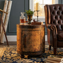 Vasco 20 in. W Round Leather and Wood Old World Map Duffel Table  with 1 Door Closed Storage by Butler Specialty Company