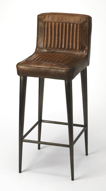 Maxwell 32 in. Seat Height Leather and Iron Bar Height Stool with Back by Butler Specialty Company