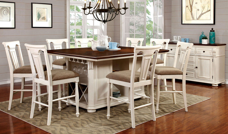 Dining room with a wooden table and chairs in a well-lit room.