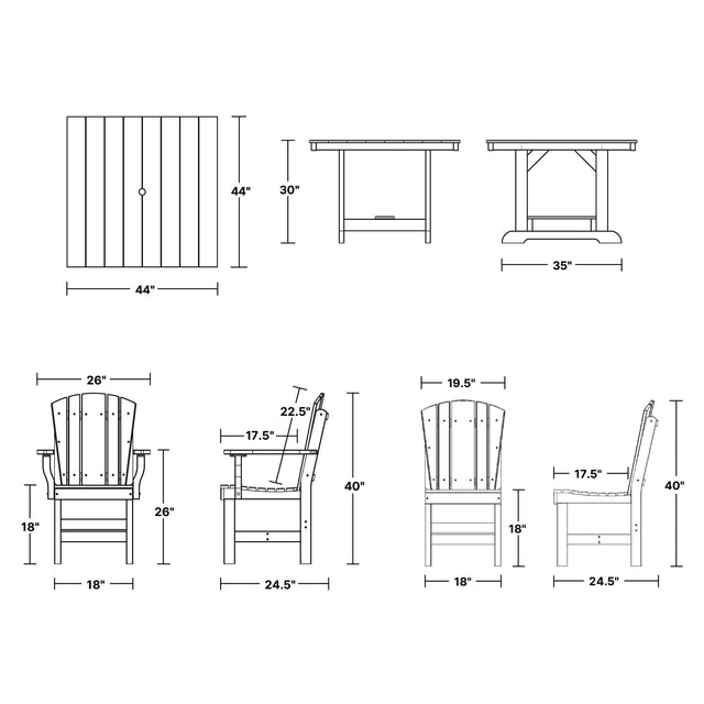 Heritage 5 Piece Patio Dining Set - 44"x44" Table with 2 Dining Arm Chairs and 2 Armless Chairs by Wildridge